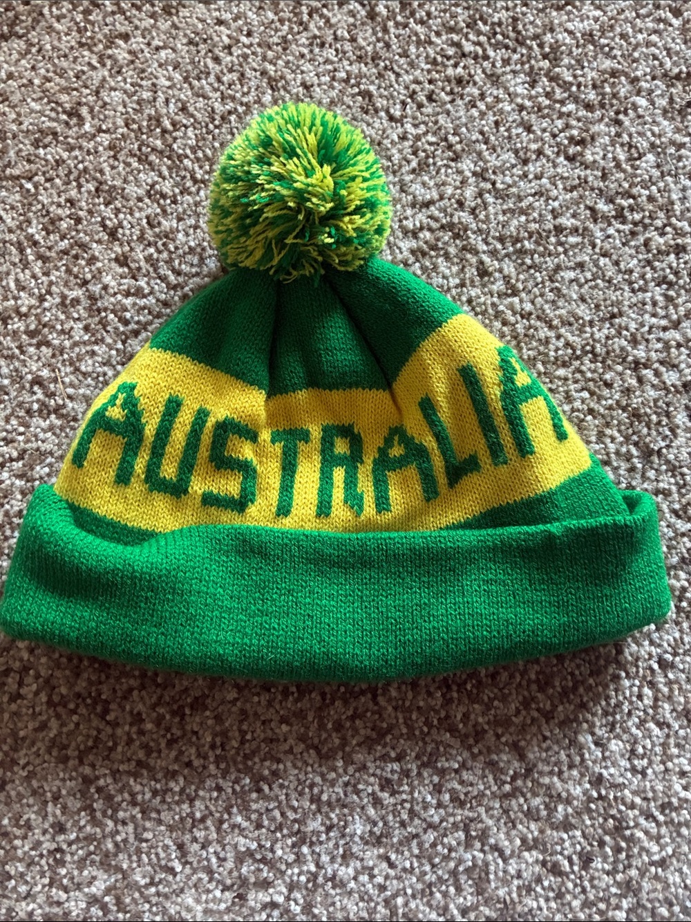 Australia Beanie with Pom Pom, green and yellow
